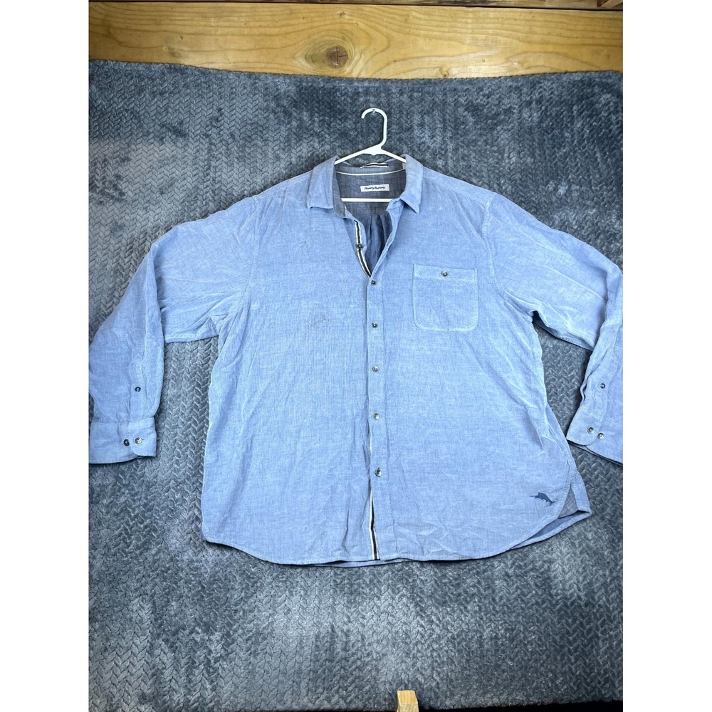 Tommy Bahama Shirt Men 2XL Blue Ribbed Knit Long Sleeve Pocket Casual Button Up
